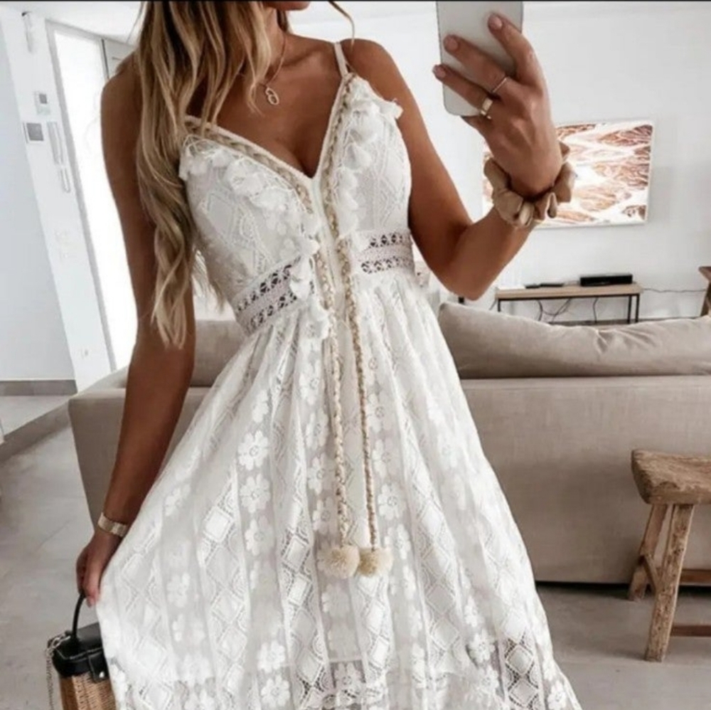 Boho Spaghetti Strap Sexy V-neck Lace Hem Maxi Swing Sundress Vacation Beachwear